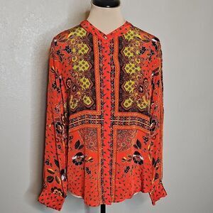 Lior Paris Red Orange Floral Patterned Button Front‎ Long Sleeve Top Medium